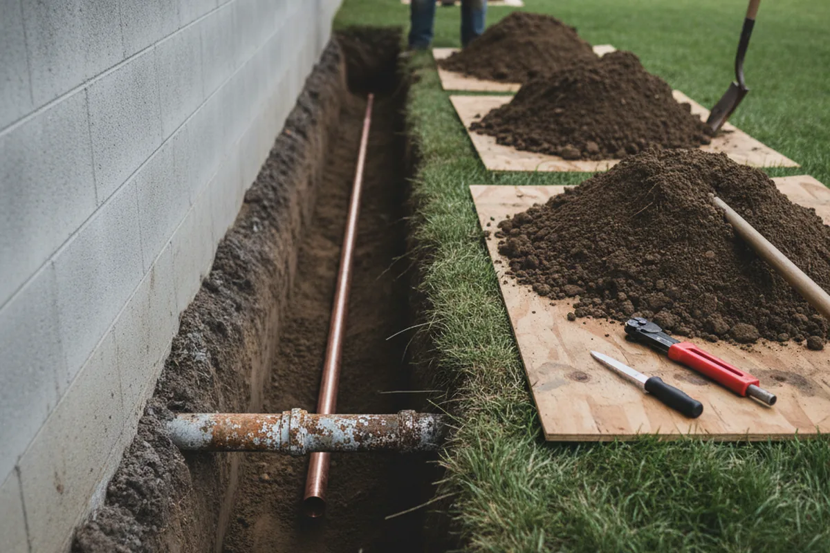 Excavated water line trench during Water Softener Installation in Aiea